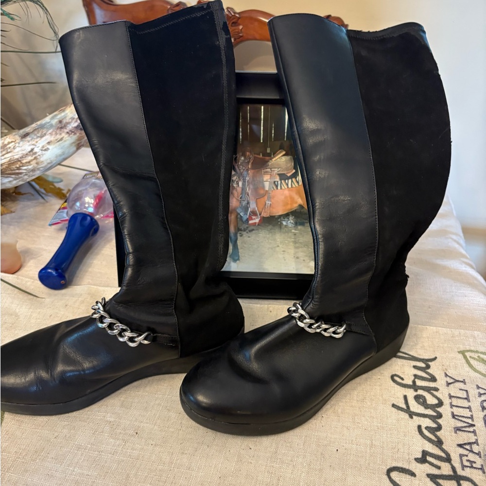 Fitflop Black Over the Knee Boots with Chain Detail